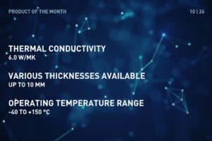 Product of the Month October 2026: TGF-WP-SI, Silicone Gap-Filler, Thermal conductivity: 6.0 W/mK, Operation temperature range: -40 to +150°C, Various thicknesses available: upt to 10 mm
