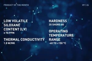Product of the Month September 2026: TGF-GXS-SI-A1, Silicone Gap-Filler, Low volatile siloxane content (LV): ≤ 70 ppm, Thermal conductivity: 1.5 W/mK, Hardness: 20 Shore 00, Operation temperature range: -40 to +150°C
